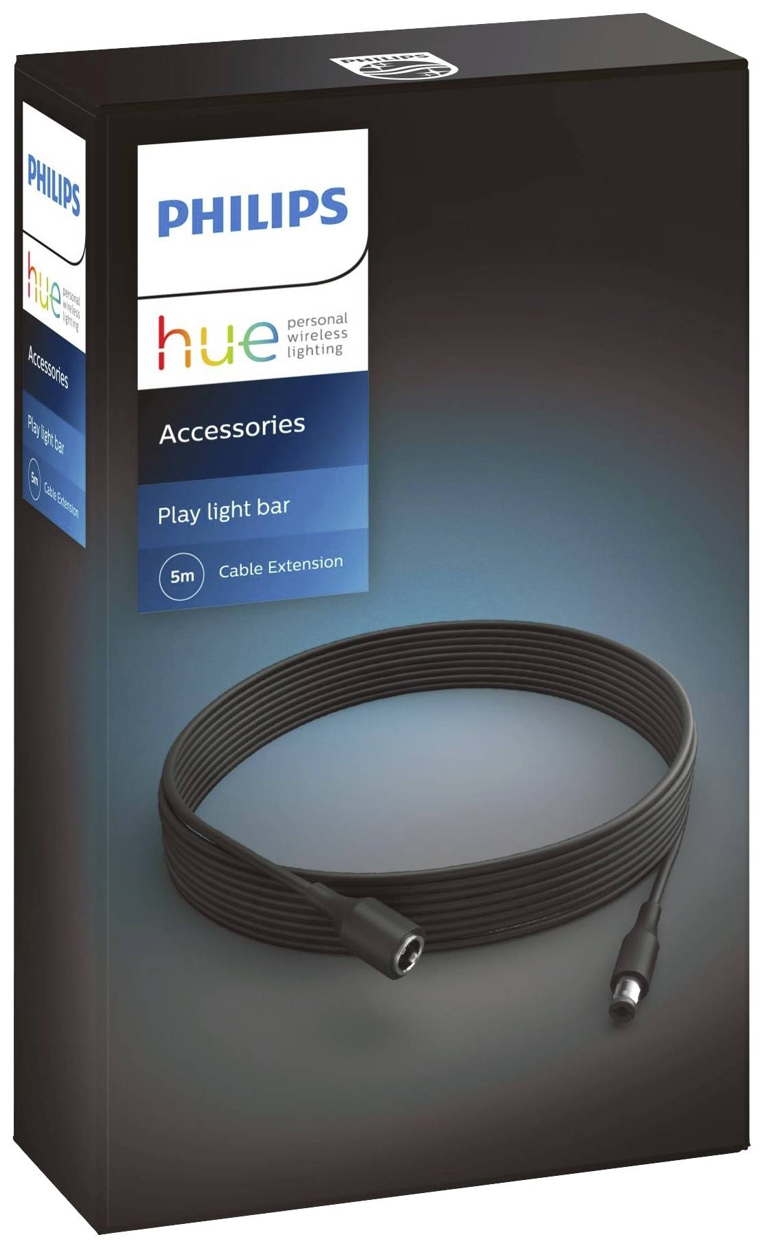 Verpakking van een Philips Hue lichtstrip-verlengkabel voor Play Light Bar met zwarte kabel en productgegevens.