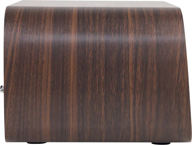 Houten luidspreker in rechthoekige vorm met afgeronde randen, toont natuurlijke houtnerf en donkere kleurstelling.