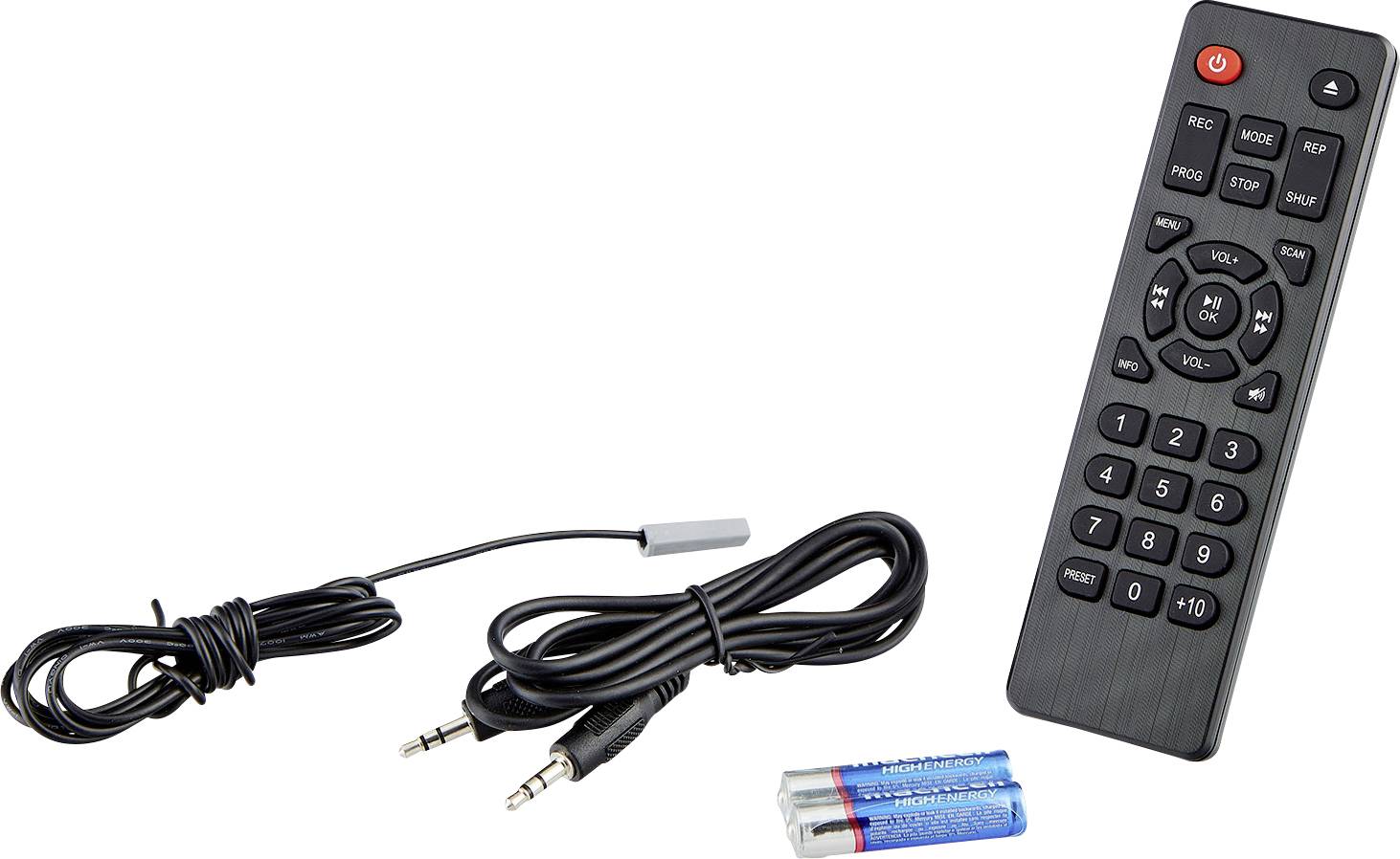 Afstandsbediening met nummertoetsen, audiokabel en twee AA-batterijen op een witte achtergrond.