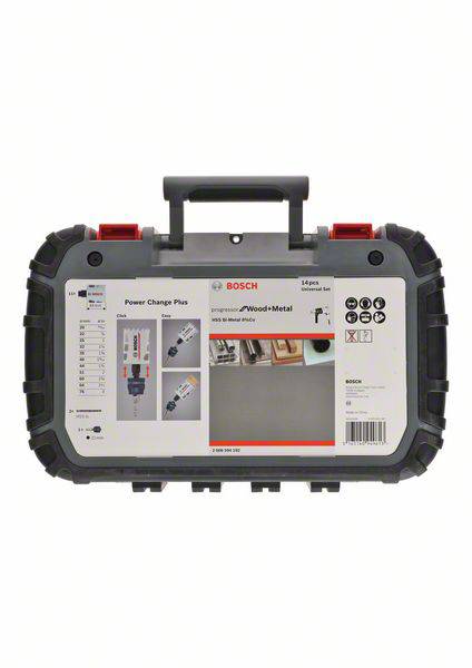 Bosch borenset in kunststof koffer. Bevat Power Change Plus, geschikt voor hout en metaal. Afbeelding van de inhoud op het etiket.