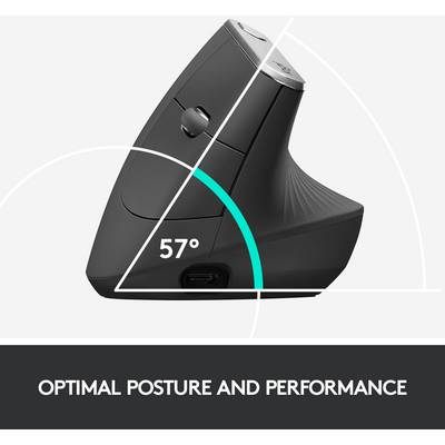 Ergonomische muis met verticaal design onder een hoek van 57°, bevordert optimale handpositie en prestatie.
