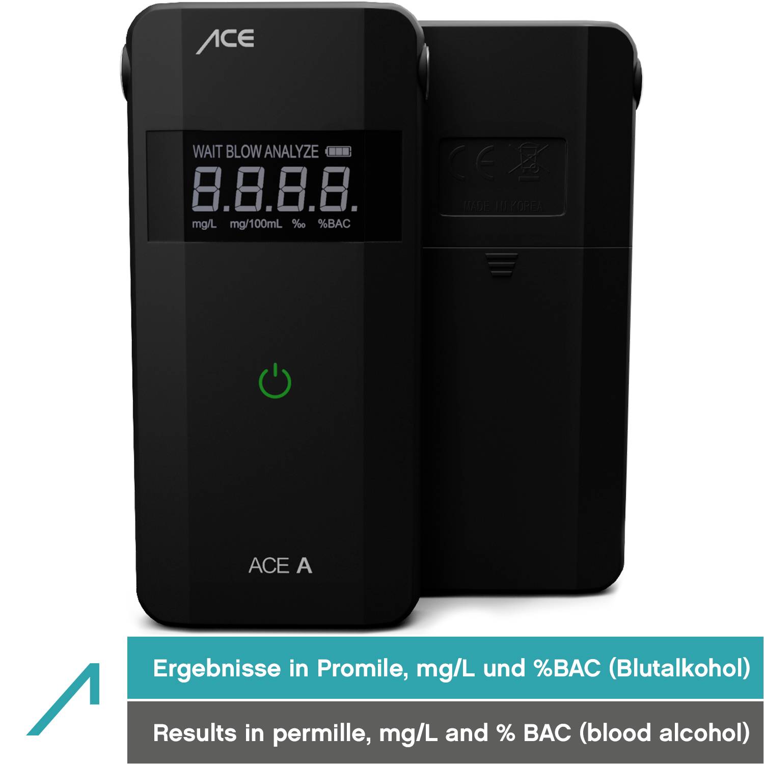 Een zwart alcoholmeettoestel ACE A toont resultaten in promille, mg/L en %BAC op een digitaal display aan de voorkant.