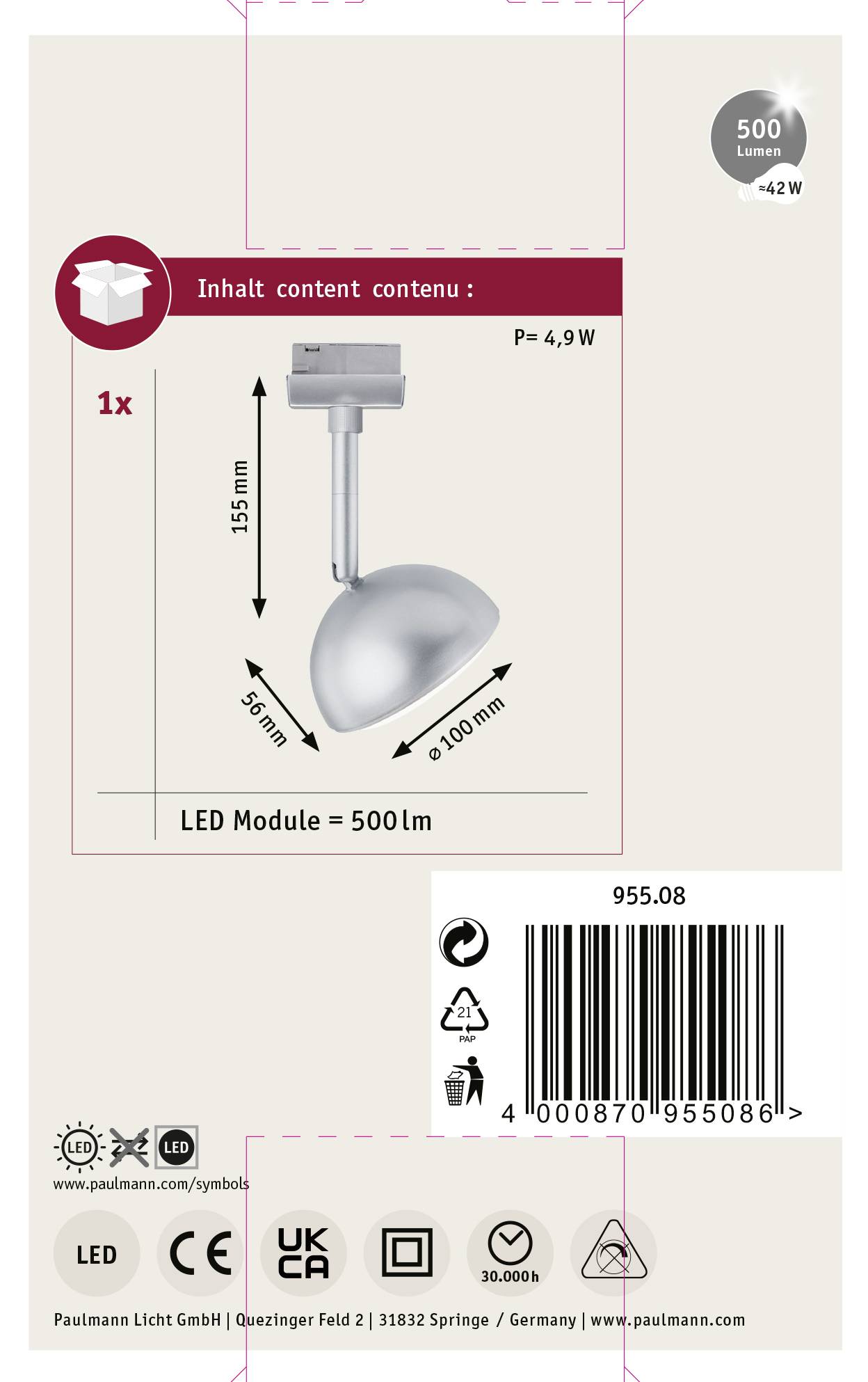 Een LED-module met modulaire armatuur, 4,9W, 500lm. Afmeting: 155mm. CE- en UKCA-markering, barcode rechtsonder.
