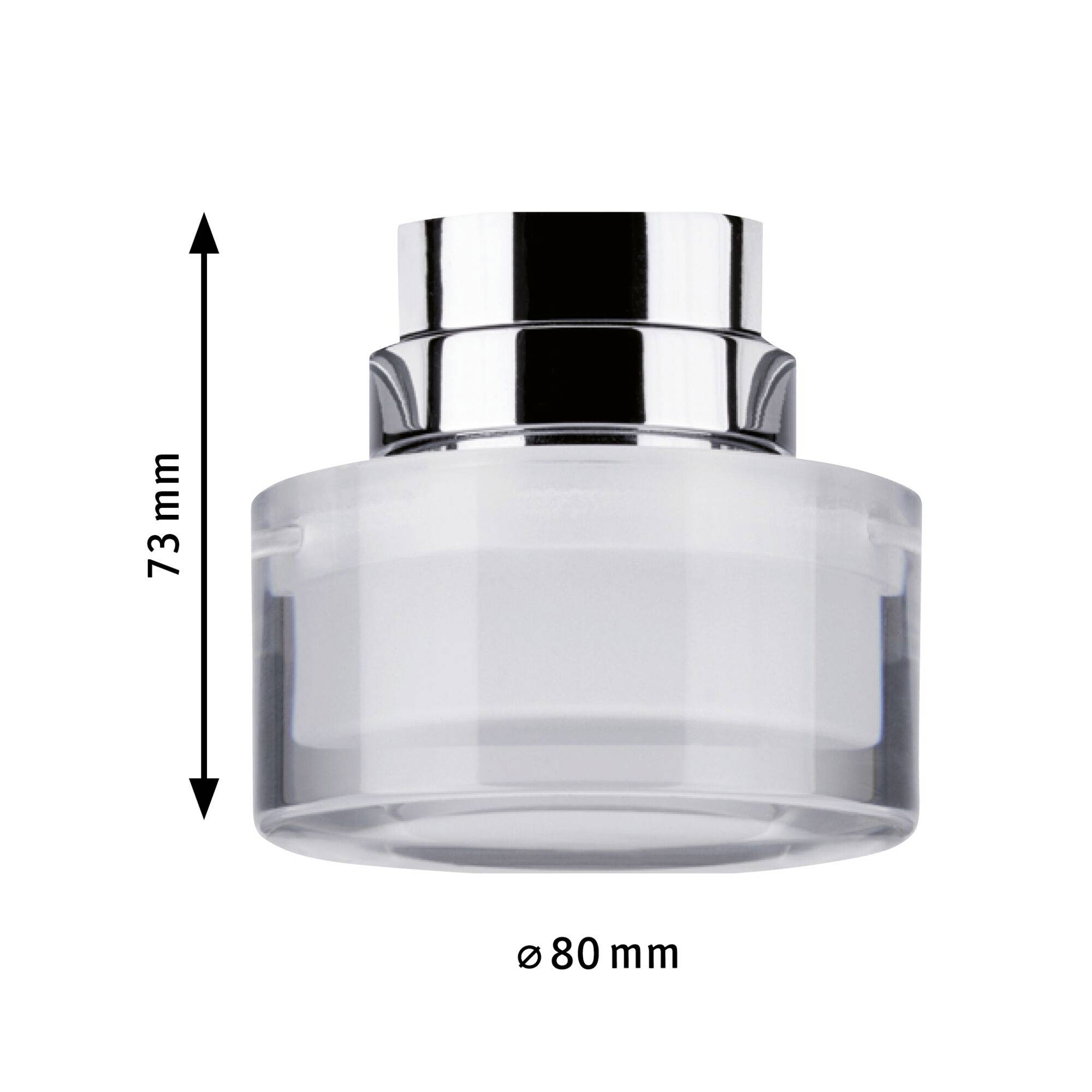 Een ronde, transparante nozzle voor afzuigkappen met een diameter van 80 mm en een hoogte van 73 mm is afgebeeld.