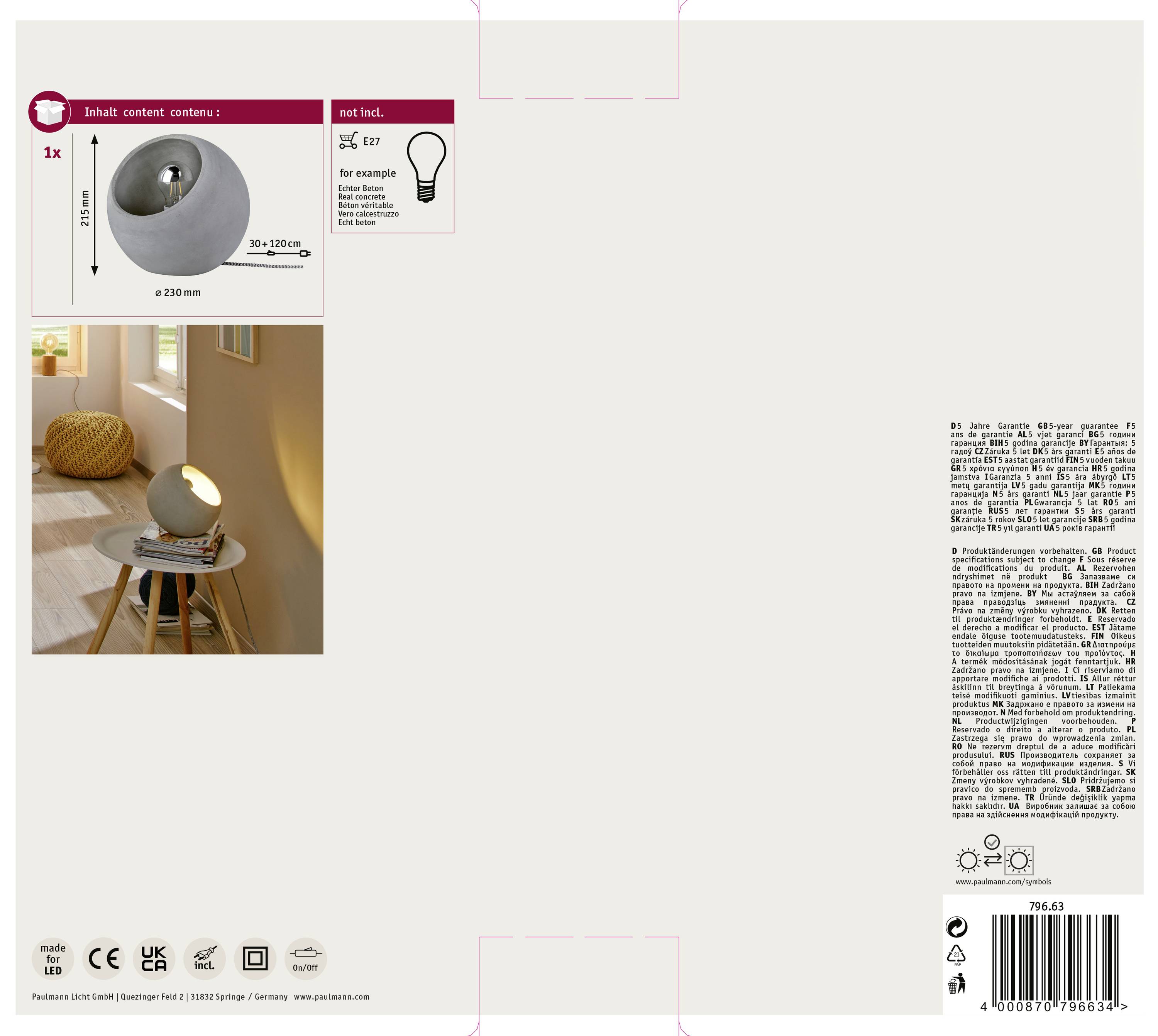 Verpakking van een plafondlamp met afbeelding van de lamp in een ruimte. Bevat fabrikantgegevens en vermeldt dat de lamp een E27-lamp vereist, die niet is inbegrepen.