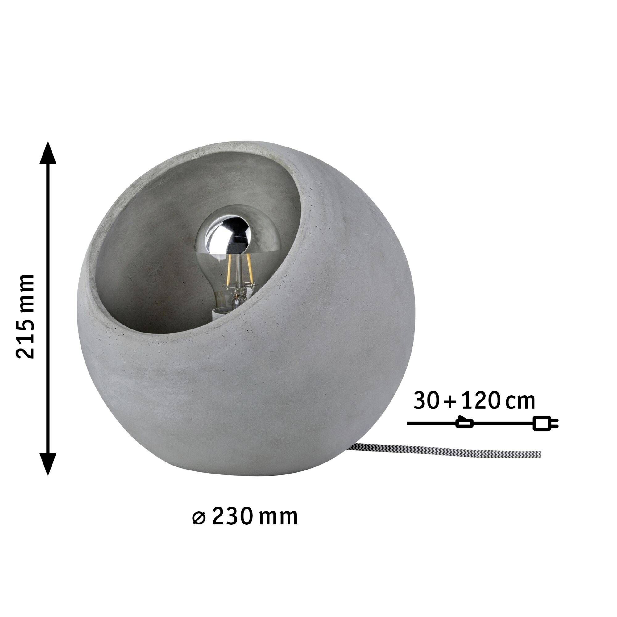 Betonlamp met bolvorm, diameter 230 mm, hoogte 215 mm, kabel 30+120 cm.