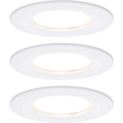 Drie ronde, witte inbouwspots met witte rand en verlichte binnenringen, gelijkmatig gerangschikt op een witte achtergrond.