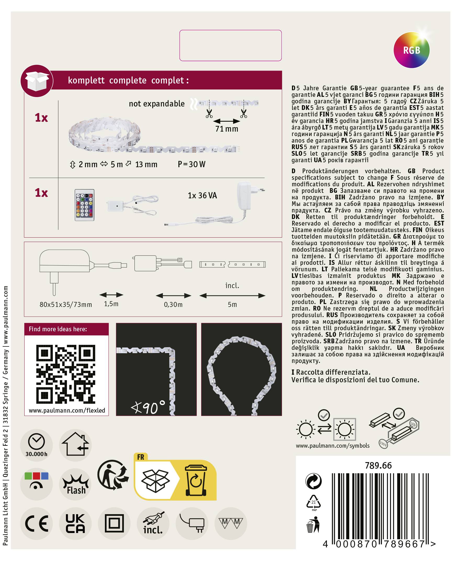 'Productverpakking voor RGB LED-lichtsnoer: Bevat een lichtsnoer, afstandsbediening en voedingsadapter. Geschikt voor binnen- en buitengebruik.'