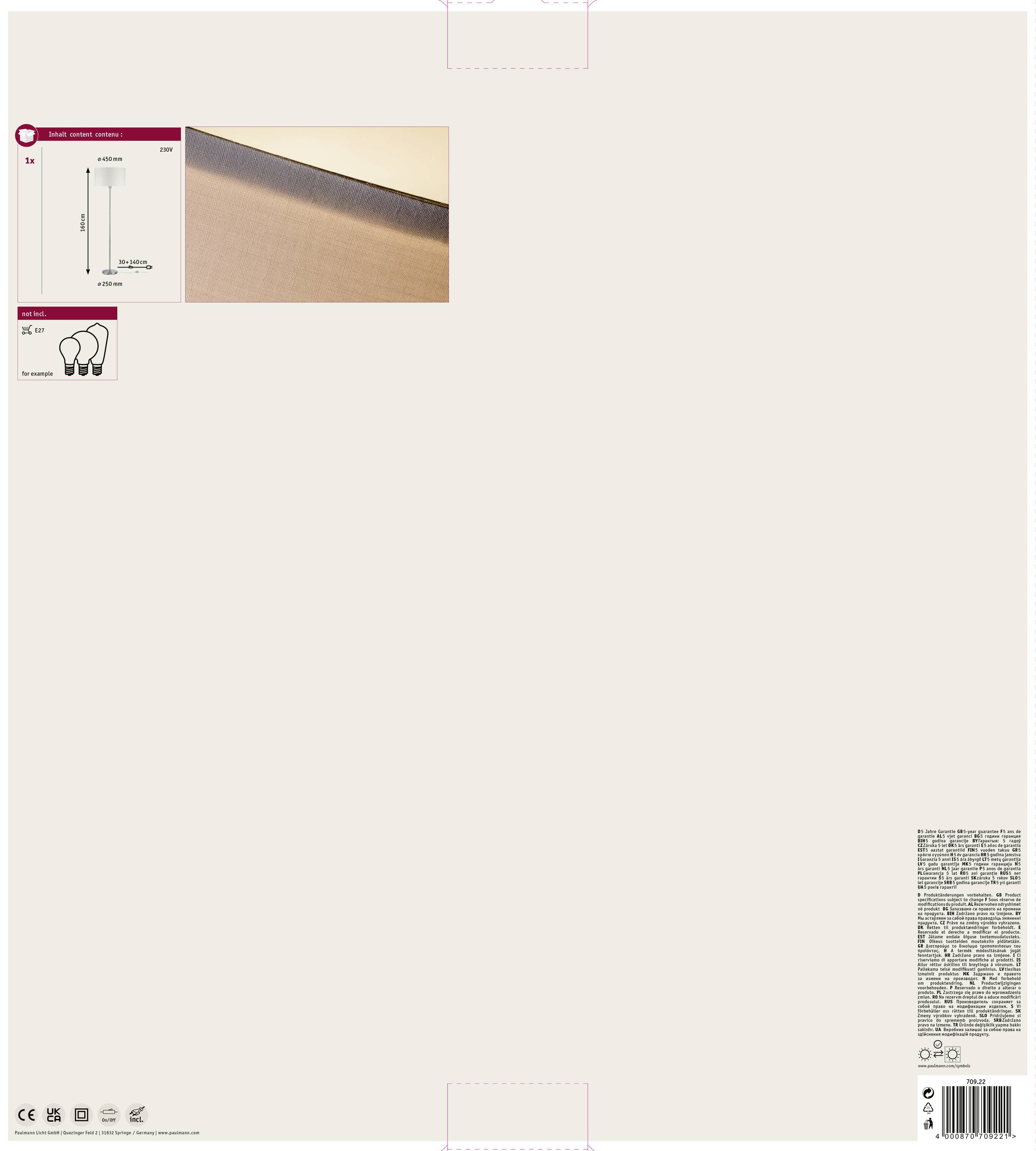 Verpakkingsontwerp voor een LED-verlichtingsproduct. Bevat productafbeelding, technische tekening met afmetingen en symbolen voor veiligheidsinformatie.