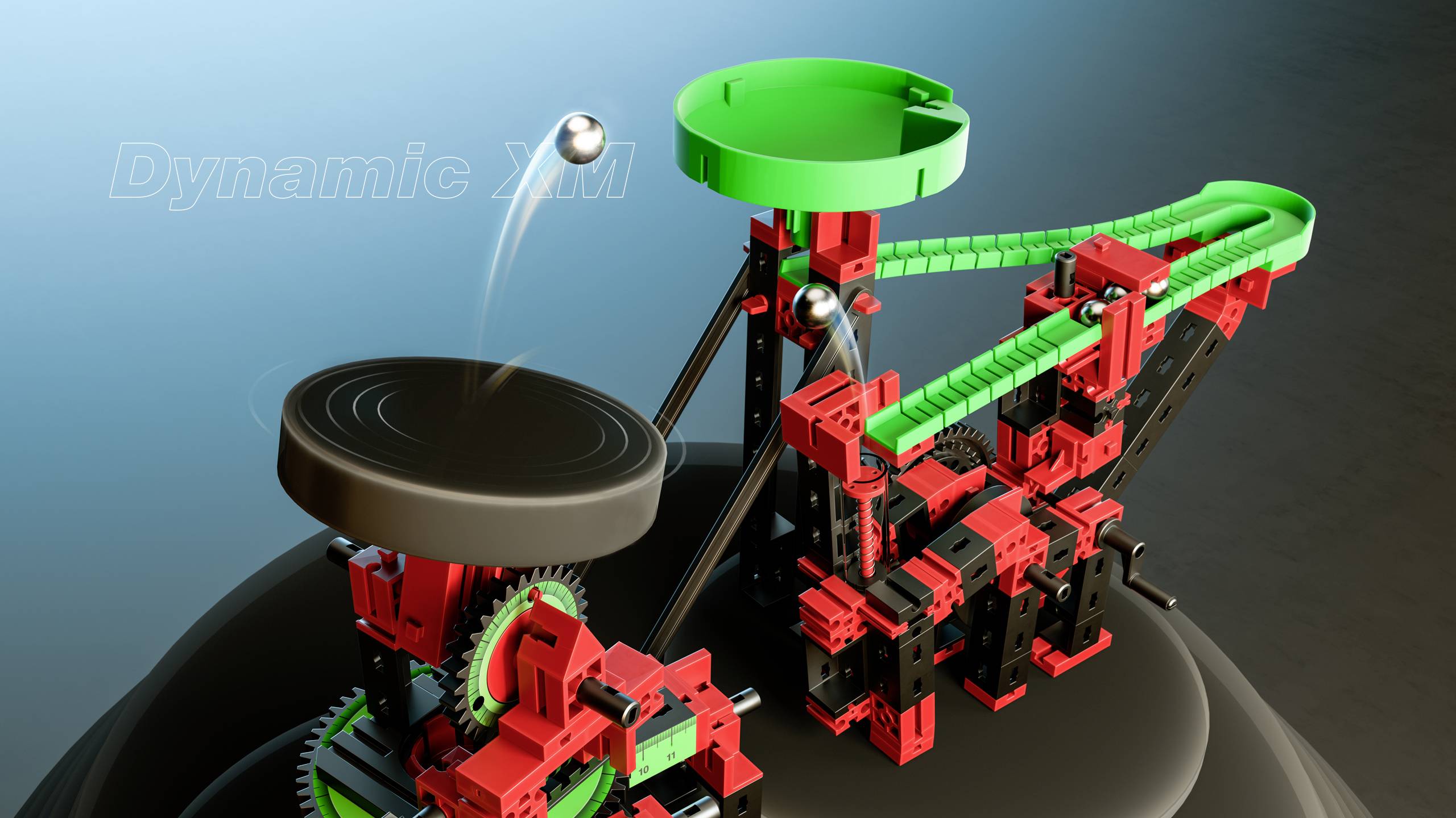 Machine met heldere groene en rode onderdelen die ballen verplaatsen. Titel 'Dynamic XM' op de achtergrond, dynamische beweging van de ballen.