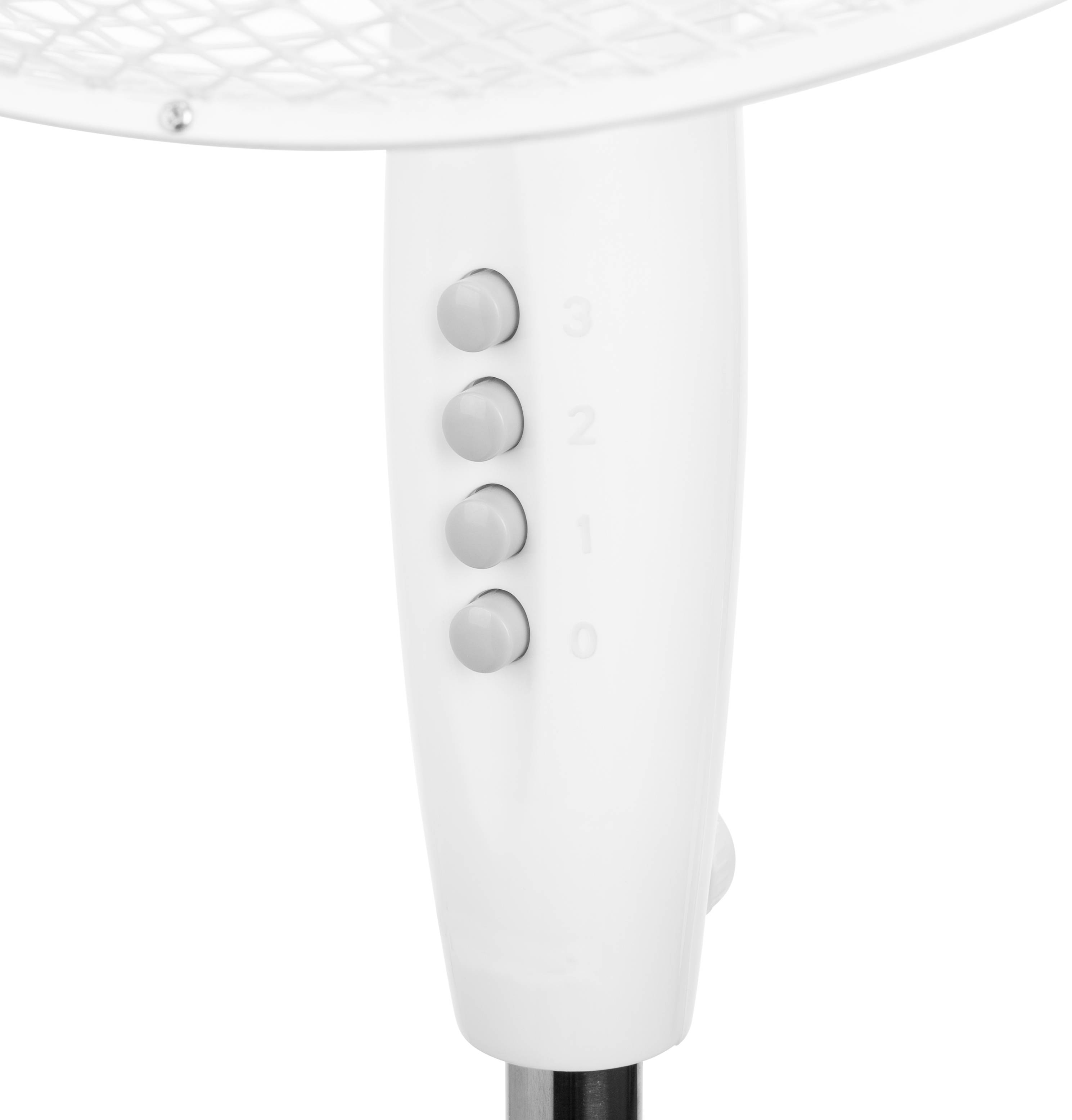 'Close-up van een witte ventilator met vier knoppen aan de zijkant voor verschillende snelheden, genummerd van 0 tot 3.'
