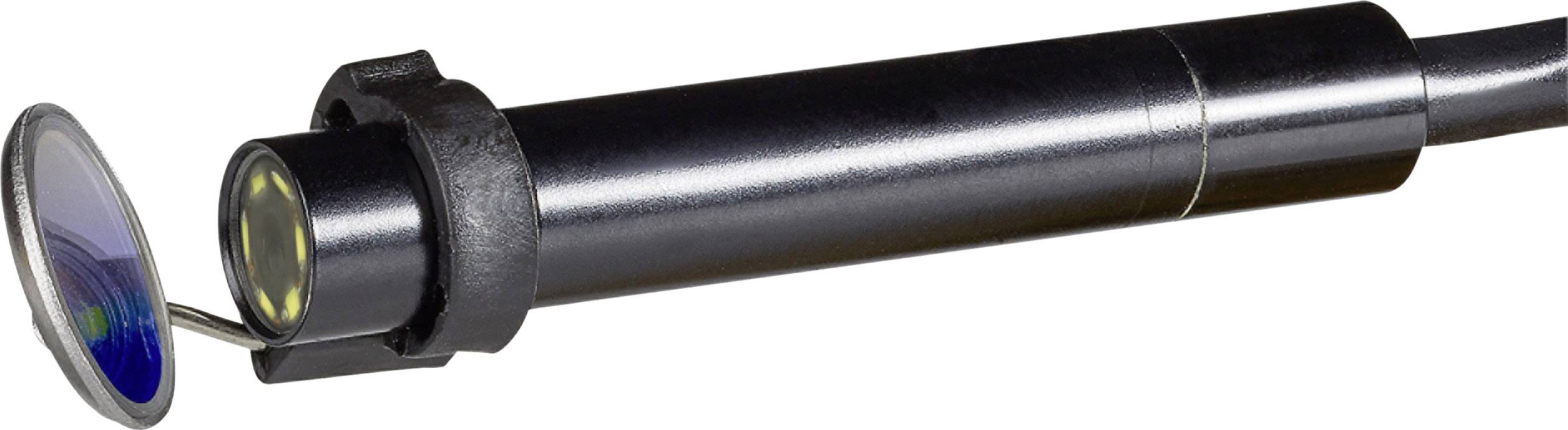 Een zwart, cilindrisch elektronisch apparaat met lensopzetstuk en kabel. Mogelijk een sensor of camera.