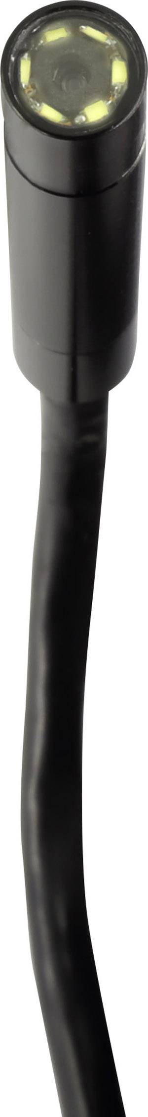 Een zwarte, flexibele camera met een cilindrische kop en geïntegreerde LED's voor verlichting. Geschikt voor inspecties.