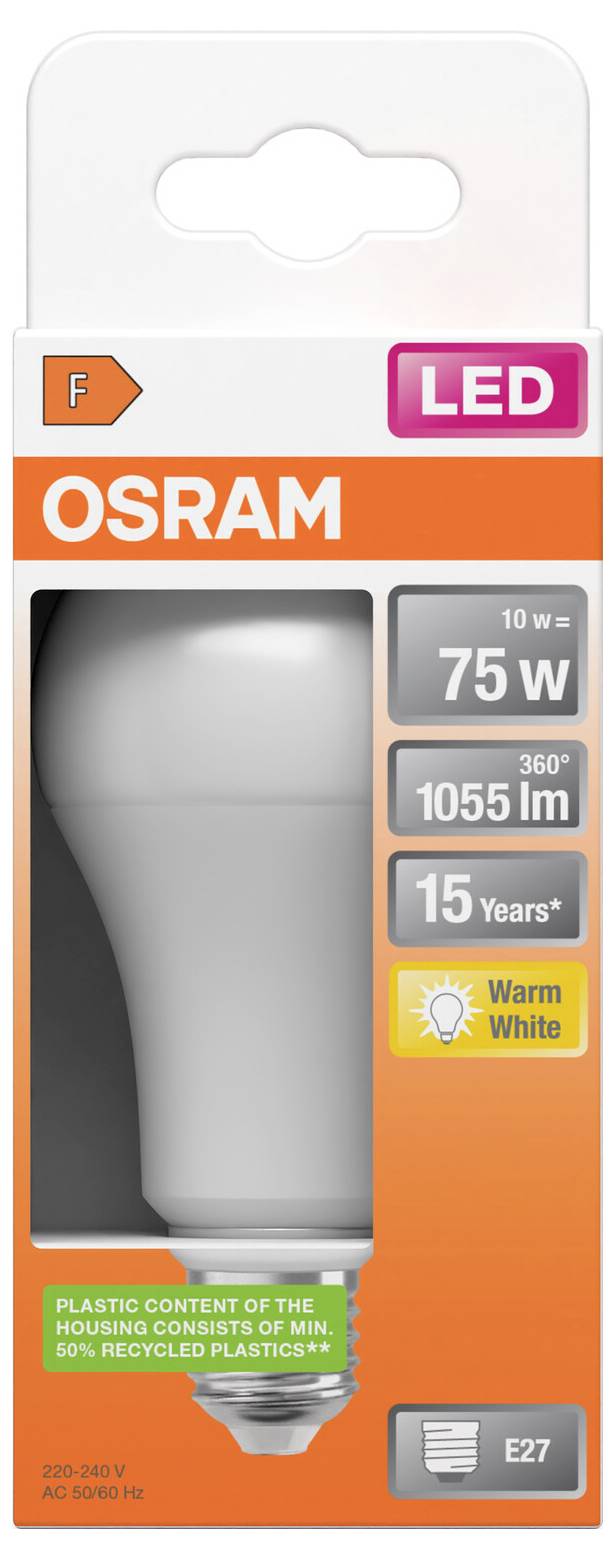 OSRAM LED-gloeilamp, 75W equivalent, 1055 lm, warm wit, E27-fitting, levensduur van 15 jaar.