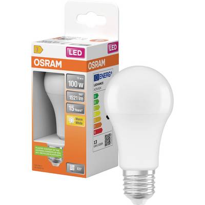 OSRAM LED-gloeilamp in verpakking, gelabeld 13 W, equivalent 100 W, 1521 lm, warm wit, E27-fitting.
