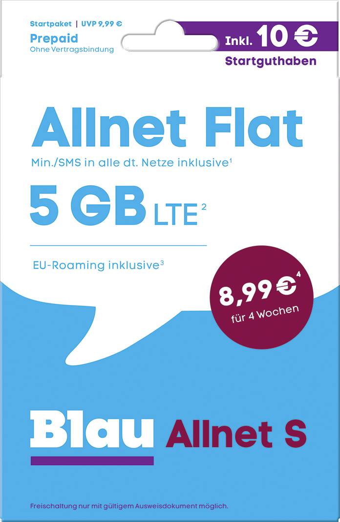 'Allnet Flat' prepaid-kaart met 5 GB LTE, inclusief EU-roaming. Prijs: 8,99 EUR elke 4 weken, startegoed 10 EUR. Merk: Blau.