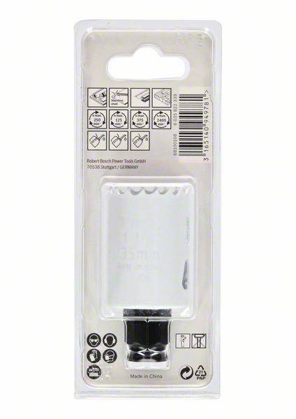 Dopsleutelinzet in witte verpakking met productinformatie en gebruiksillustraties. Fabrikant: Robert Bosch Power Tools GmbH.