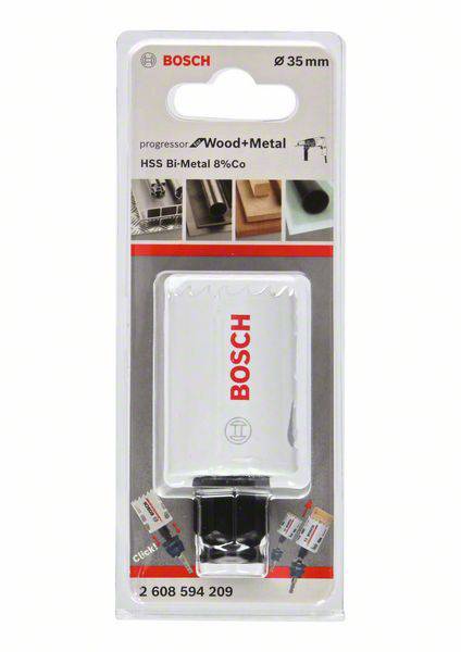 Packaging of a Bosch hole saw for wood and metal, 35 mm diameter, HSS bi-metal 8% Co, product number 2 608 594 209.