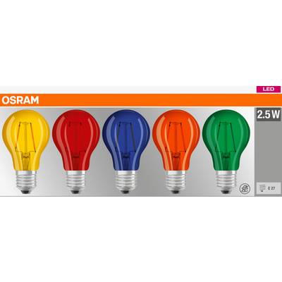 Vijf kleurrijke LED-lampen (geel, rood, blauw, groen) van het merk OSRAM met 2,5 watt, afgebeeld op een verpakking.