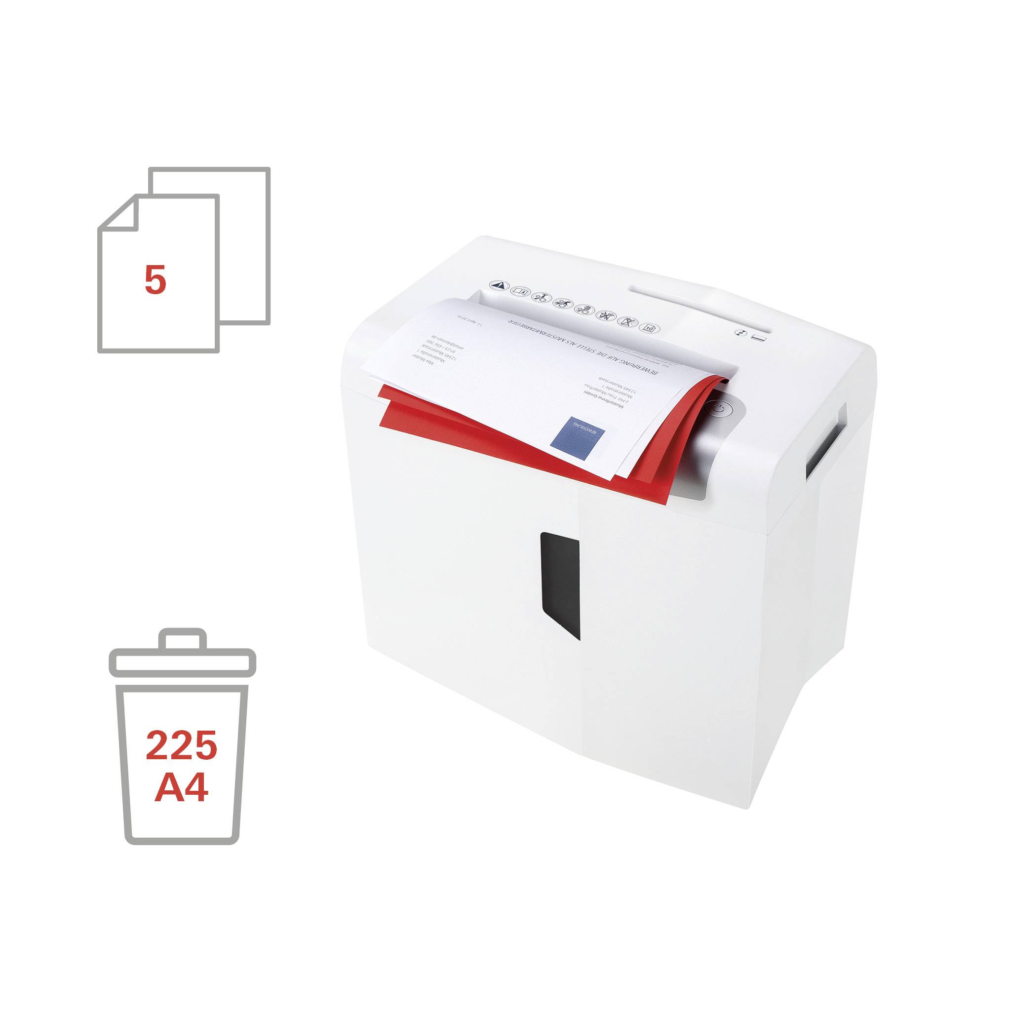 Een witte papierversnipperaar verwerkt meerdere vellen papier. Symbolen geven aan dat hij 5 vellen tegelijkertijd kan vernietigen en in totaal 225 A4-vellen kan versnipperen.