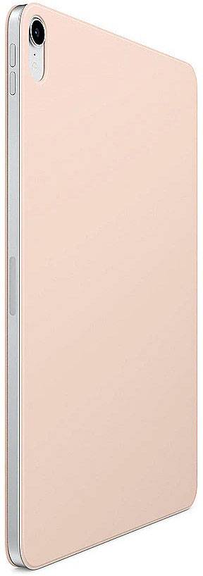 Een roze tablet met een slanke vormgeving en afgeronde hoeken, gezien vanaf de zijkant.