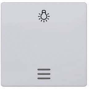 Een rechthoekige witte schakelaar met een symbool van een gloeilamp bovenaan en drie ventilatiesleuven onderaan, waarschijnlijk een lichtschakelaar.