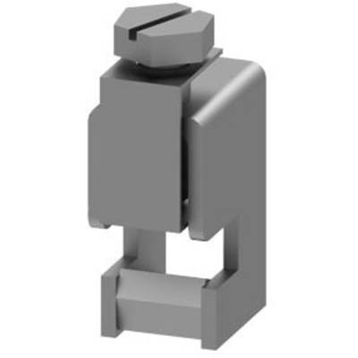 Een grijs 3D-model van een rechthoekige kunststof klem of houder met een schroef bovenaan. Gebruikt voor bevestigingen of toevoegingen.