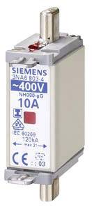 'NH-zekering Siemens 3NA6 803-4, 400V, 10A. CE-markering. Symbool voor elektrische veiligheid.'
