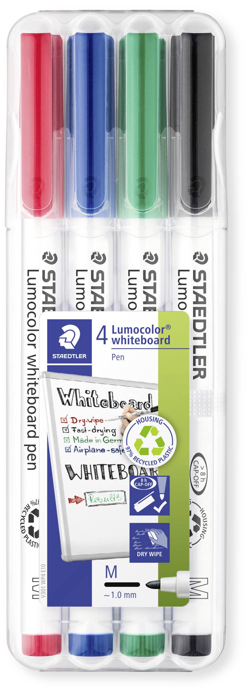 'Set van vier gekleurde whiteboard-markers in Rood, Blauw, Groen en Zwart van Staedtler, geschikt voor whiteboards.'