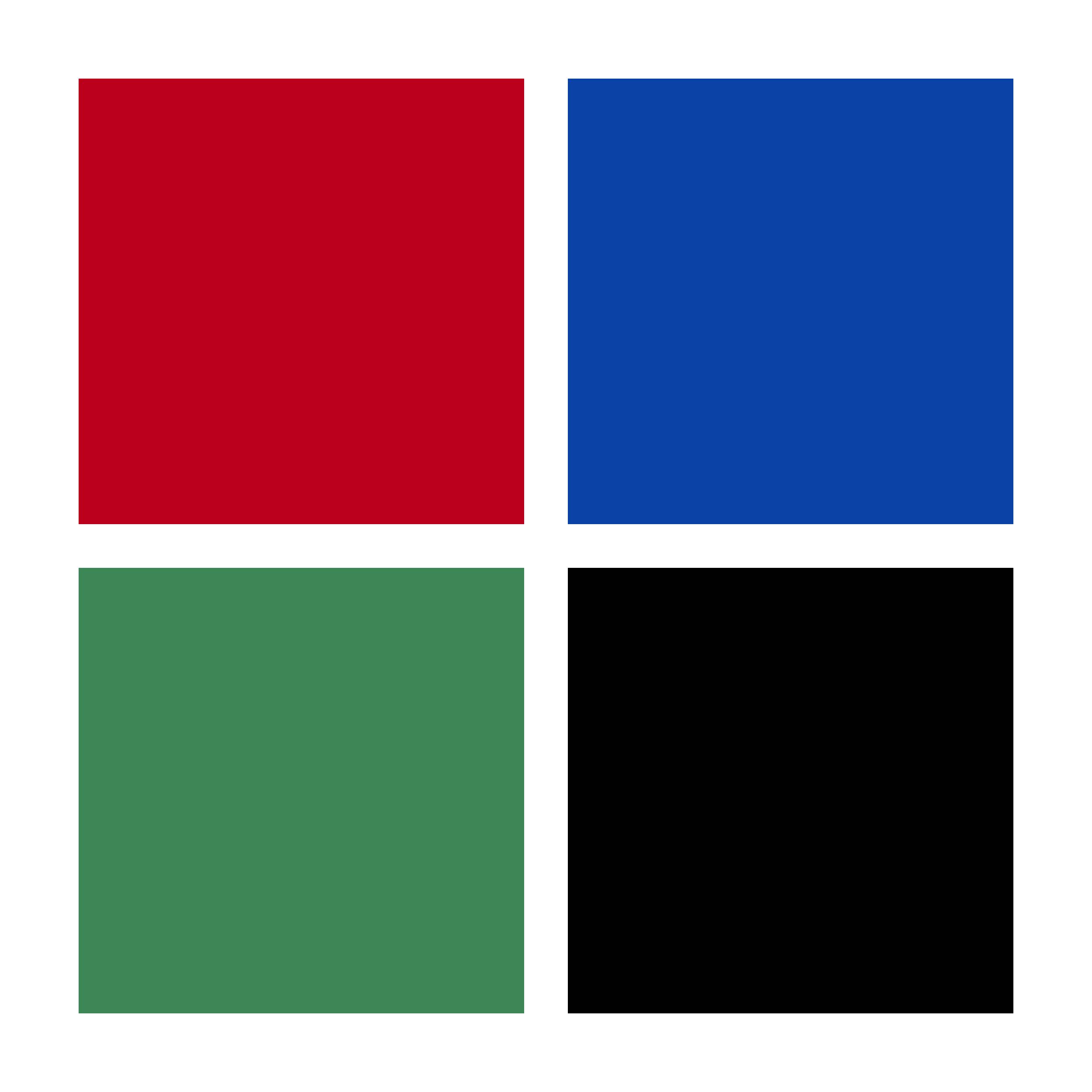 Vier gelijkgroot gekleurde vierkanten in Rood, Blauw, Groen en Zwart zijn naast en boven elkaar gerangschikt.