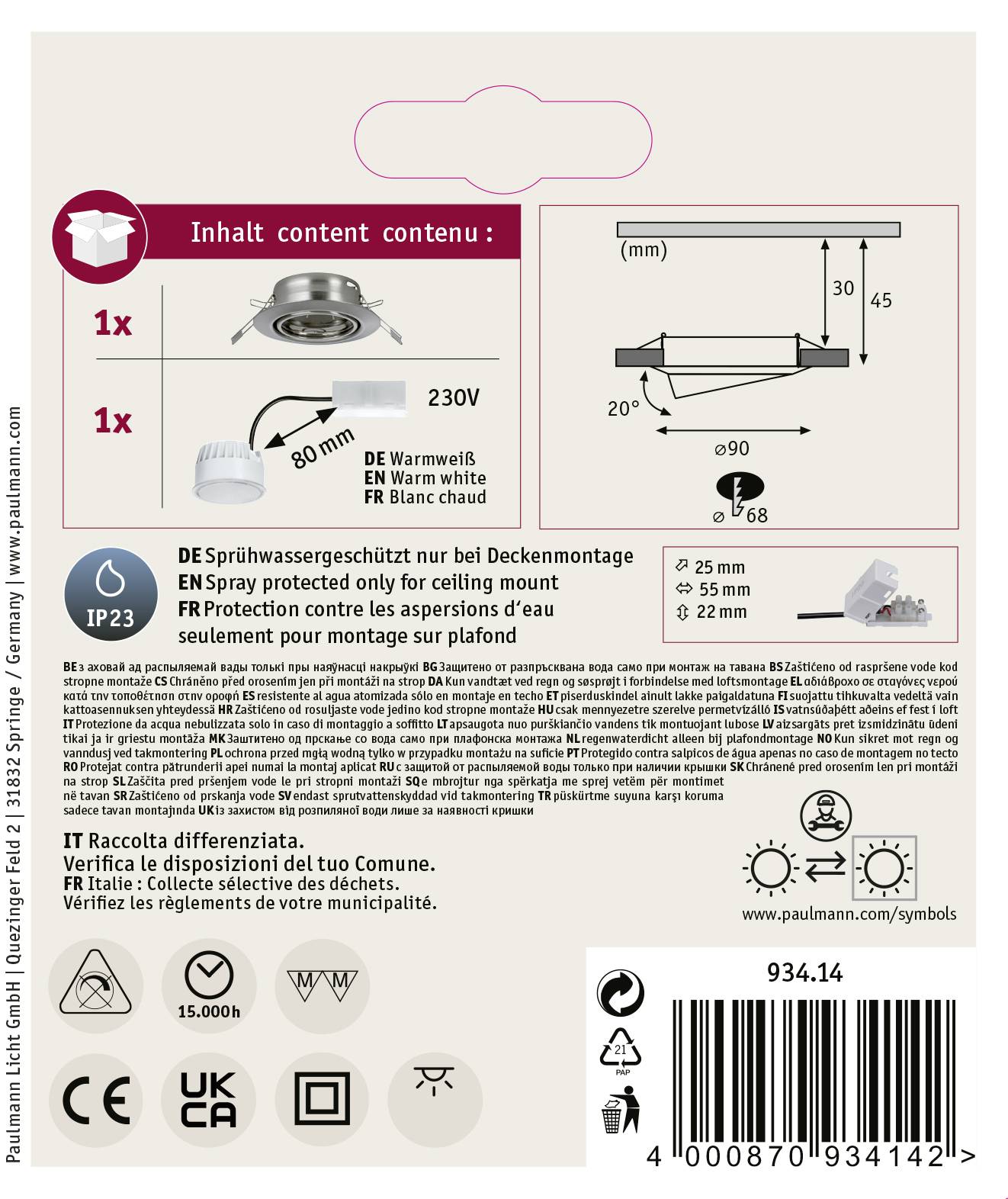 'Spatwaterdichte plafondlamp, 230V. Inclusief beschermingsklasse IP23, GU10-fitting. Geschikt voor montage aan plafonds.'