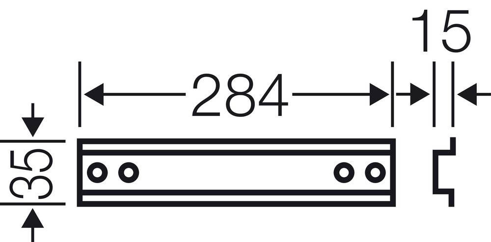Tekening van een rechthoekig metalen onderdeel met afmetingen '284' mm lengte, '35' mm hoogte en '15' mm breedte.