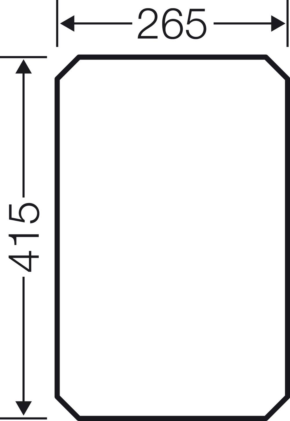 Een rechthoekig diagram met afgeronde hoeken toont afmetingen: breedte 265 mm, hoogte 415 mm.