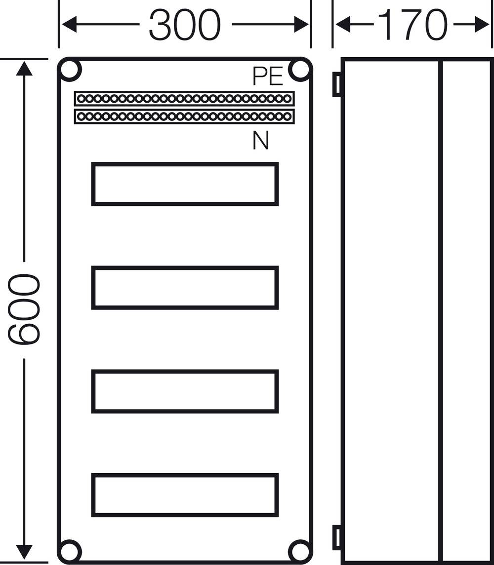Diagram van een elektrische verdeler met afmetingen: 600 mm hoog, 300 mm breed, 170 mm diep; toont PE- en N-aansluitingen.