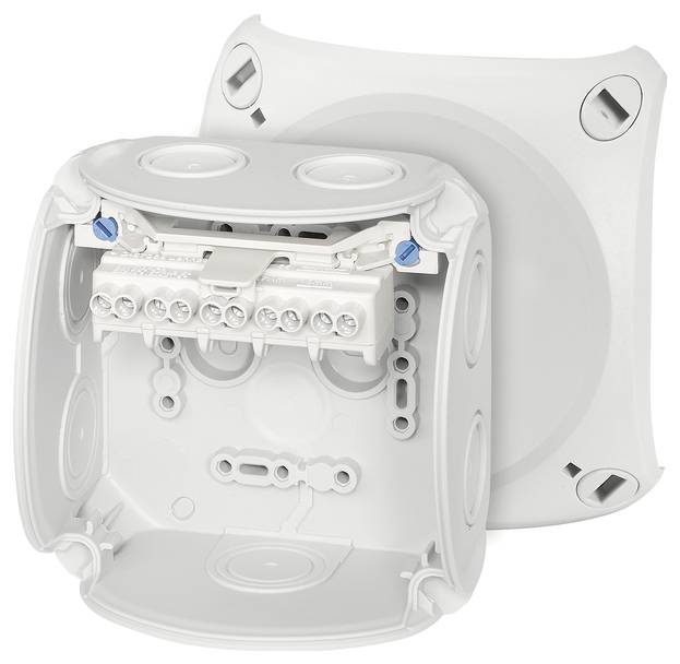 Een witte elektronicadoos met een afneembaar deksel, toont aan de binnenkant een bedraadbaar aansluitblok met schroefklemmen.