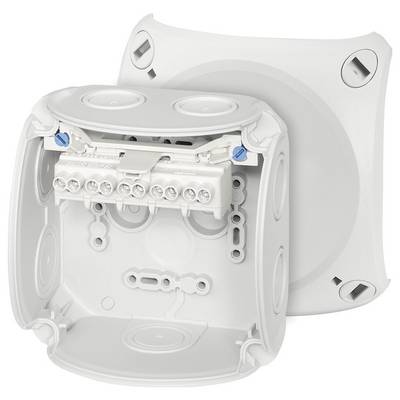 Een witte elektronicadoos met een afneembaar deksel, toont aan de binnenkant een bedraadbaar aansluitblok met schroefklemmen.