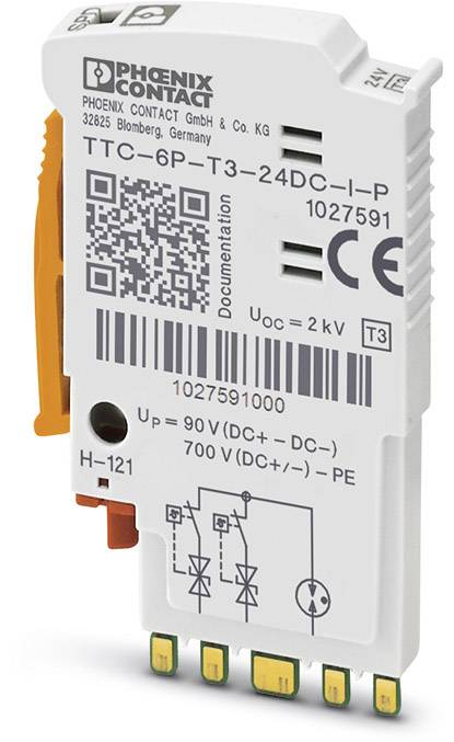 Een overspanningsbeveiligingsapparaat van Phoenix Contact met productinformatie, artikelnummer TTC-6P-T3-24DC-I-P, spanningsgegevens en fabrikantdetails.