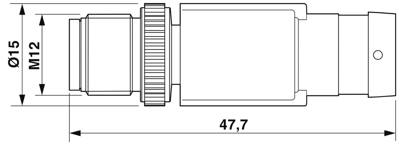 Technische tekening van een cilindrische component met afmetingen: diameter 15 mm, M12-draad, en lengte 47,7 mm, met gedetailleerde groeven weergegeven.