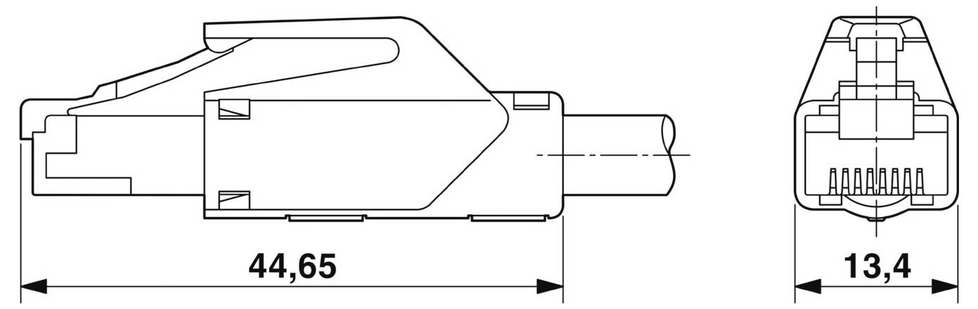 Diagram met afmetingen van een Ethernet-connector: lengte 44,65 mm, breedte 13,4 mm, met nadruk op connector- en kabelkenmerken.
