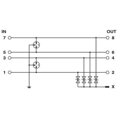 Schakelschema: Schema toont verbinding van ingangen (1, 3, 5, 7) naar uitgangen (2, 4, 6, 8) met twee diodenparen en een kruispunt (X).