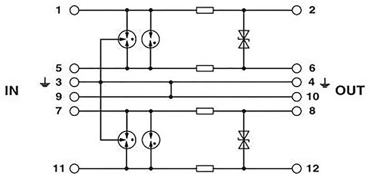 Elektrisch principeschema met in- en uitgangen, weerstanden, diodes en bedrading. Toont de verbinding tussen verschillende componenten.