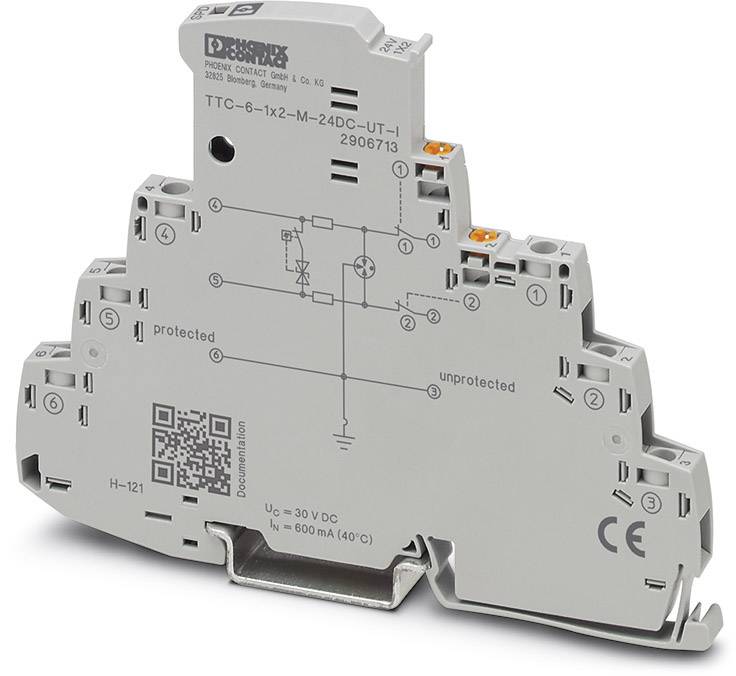 Elektronische component met schakelingssymbolen en technische specificaties. Gemarkeerd met 'beschermd' en 'onbeschermd' gebieden.