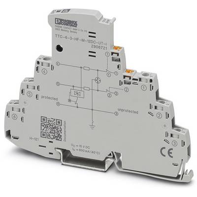 Overzicht van een Phoenix Contact apparaat TTC-6-3-HF-M-12DC-UT met elektrische schakeling en technische aanduiding op een grijs behuizing.