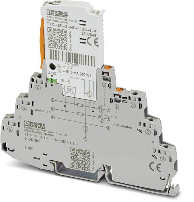 Elektronische schakelmodule van Phoenix Contact met meerdere stekkerverbindingen en QR-code voor industriële toepassingen.
