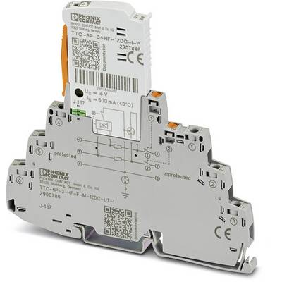Elektronische schakelmodule van Phoenix Contact met meerdere stekkerverbindingen en QR-code voor industriële toepassingen.