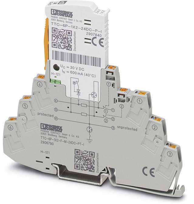 Een grijs, elektrisch onderdeel met oranje elementen, gemarkeerd met technische tekeningen, productaanduidingen en QR-codes.