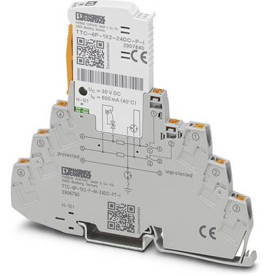 Een grijs, elektrisch onderdeel met oranje elementen, gemarkeerd met technische tekeningen, productaanduidingen en QR-codes.