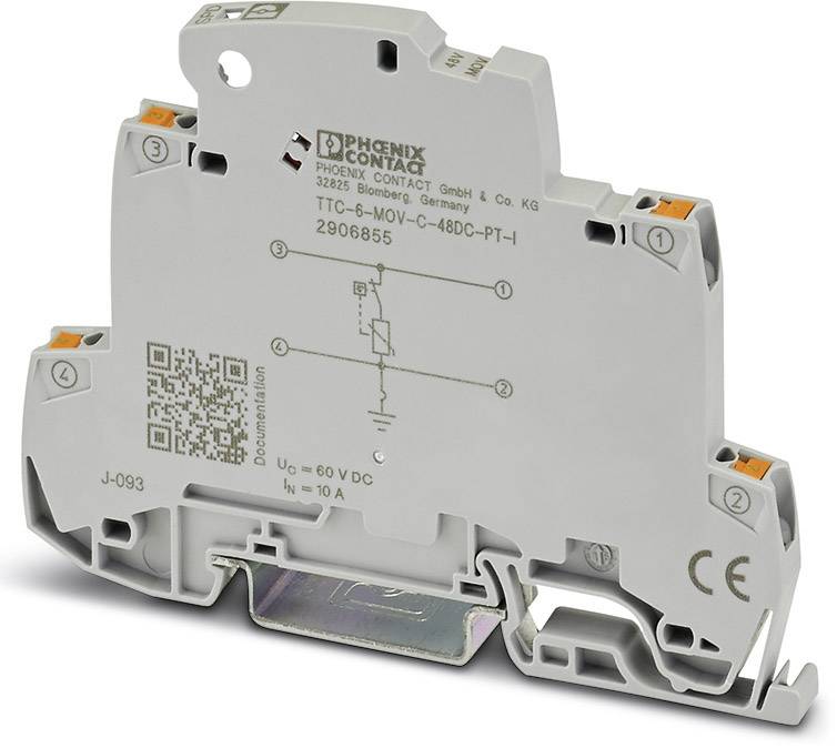 Een overspanningsbeveiligingsapparaat van Phoenix Contact, model TTC-6-M-60V-C-48DC-PT-I, voor gebruik in elektronische schakelingen.