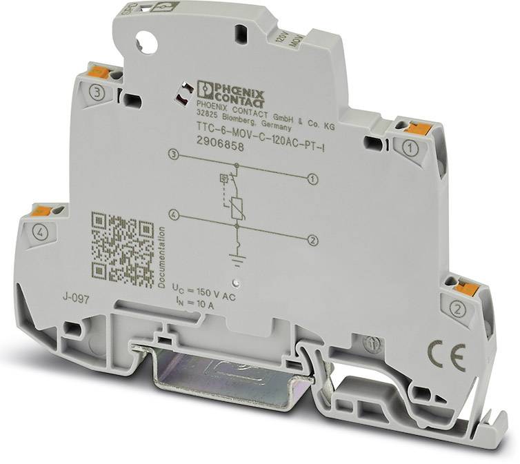 Een overspanningsbeveiligingsapparaat van Phoenix Contact. Modelnummer TTC-6-MC. Beschermt elektronische apparaten tegen overspanningsschade.