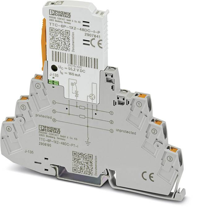 Overspanningsbeveiligingsapparaat van Phoenix Contact met een grijs behuizing en oranje elementen, geschikt voor 24 V DC. CE-gemarkeerd.